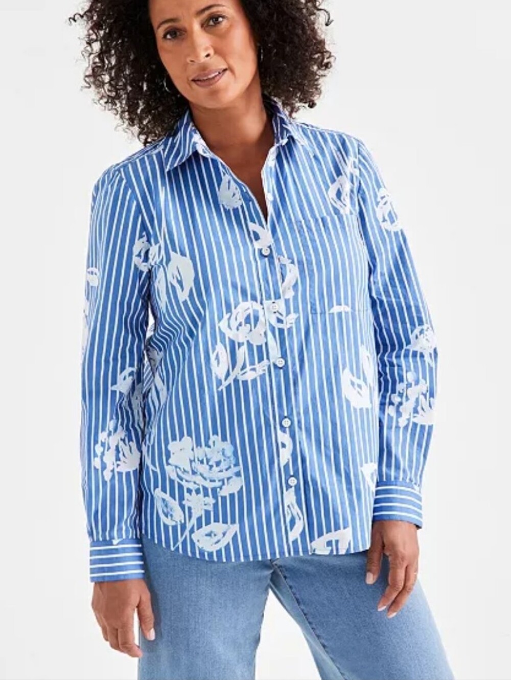 Style & Co. Blue Striped Button-Down Shirt with White Floral Motif